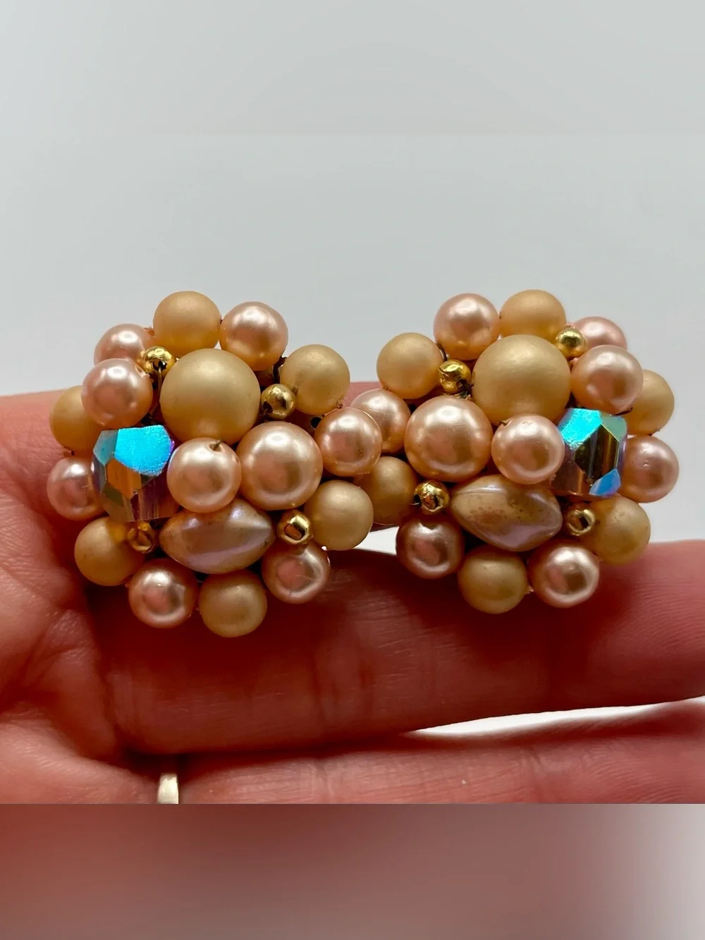 Pearl Cluster Clip-On Earrings in Peach, Cream, and AB Crystal Beads